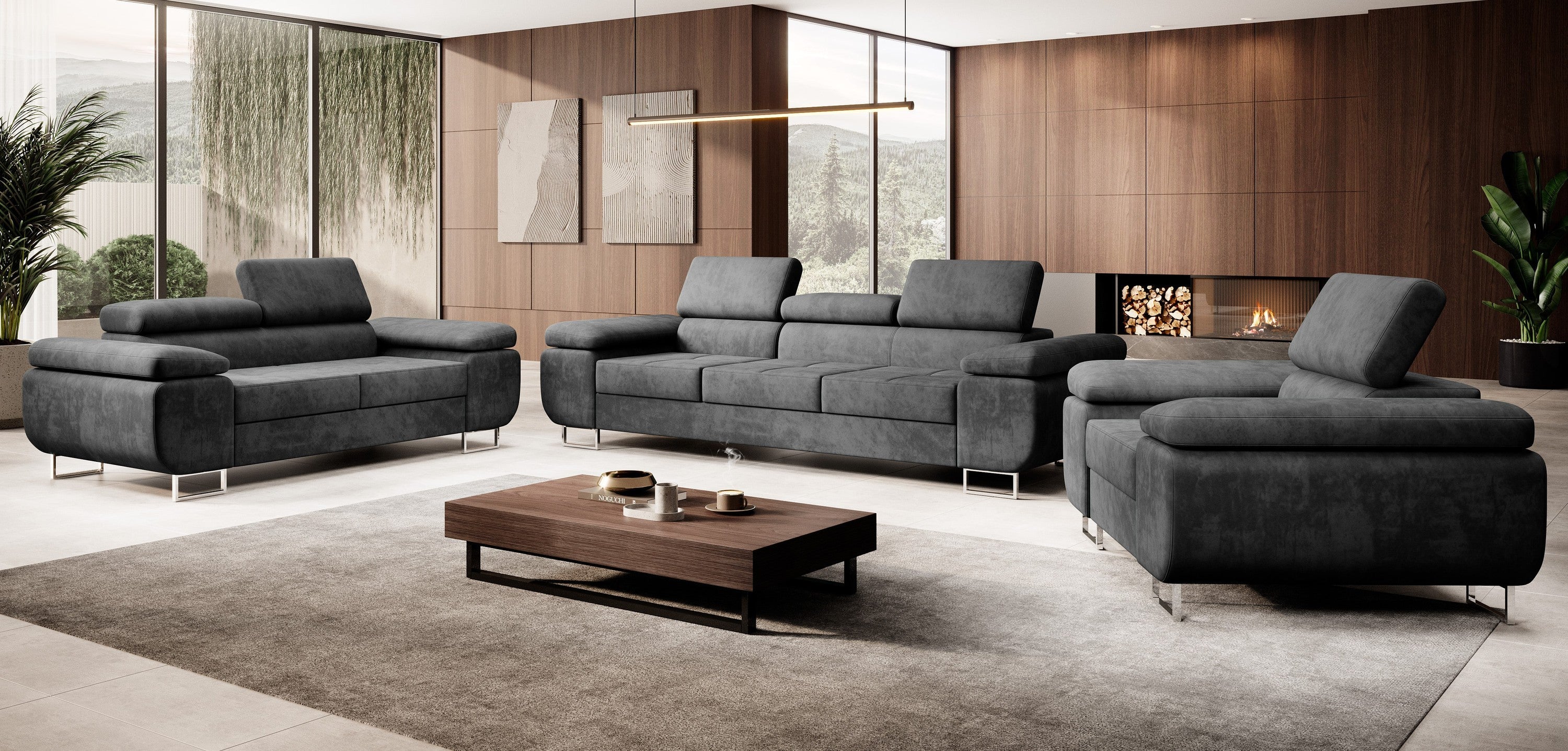 Sofa Set MALTA 3‑2‑1 Samtstoff Grau – Bettfunktion & verstellbare Kopfstützen - Interbed