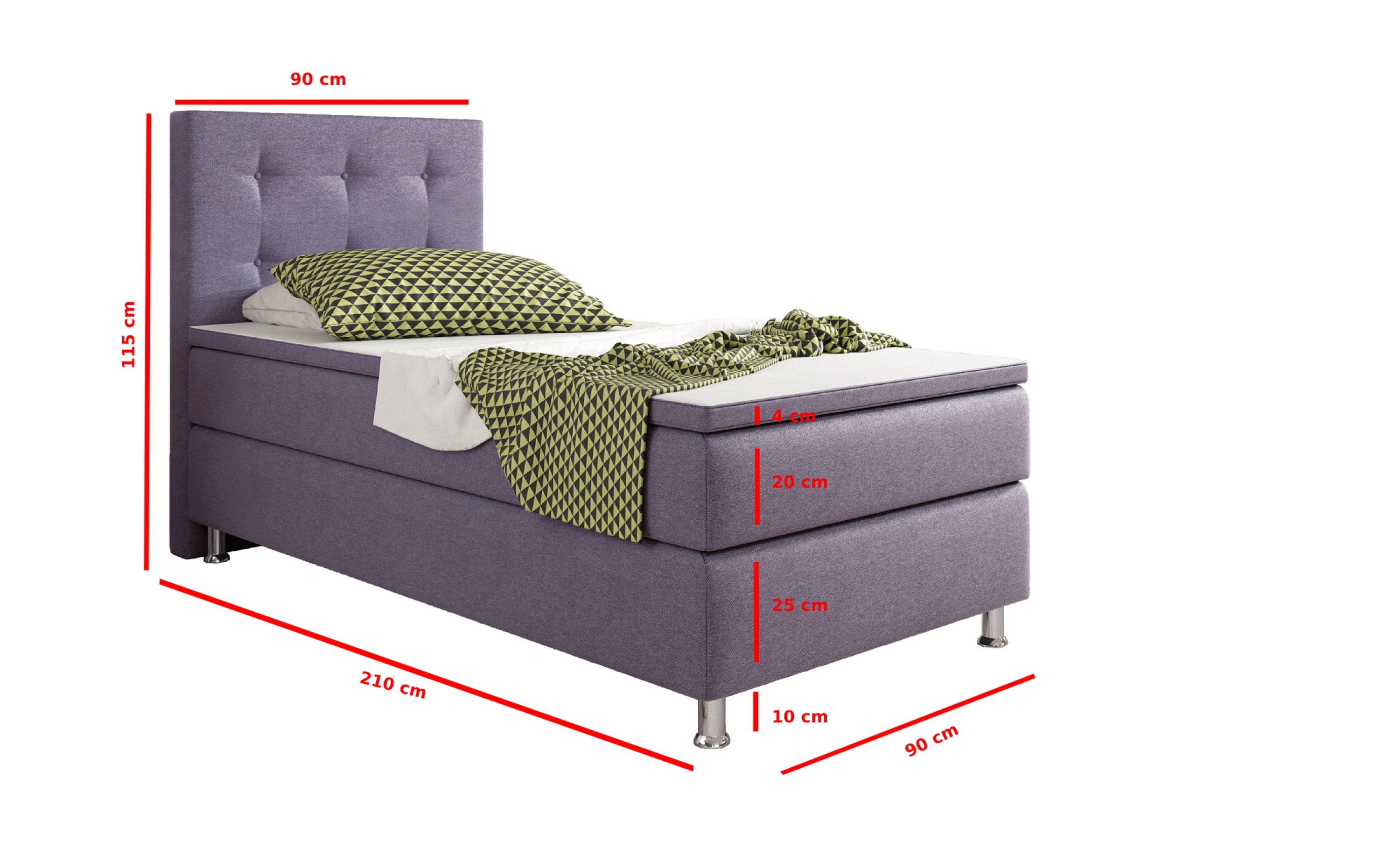 Boxspringbett KN0010 90x200 cm Lila – Webstoff & 5 cm Topper - Interbed