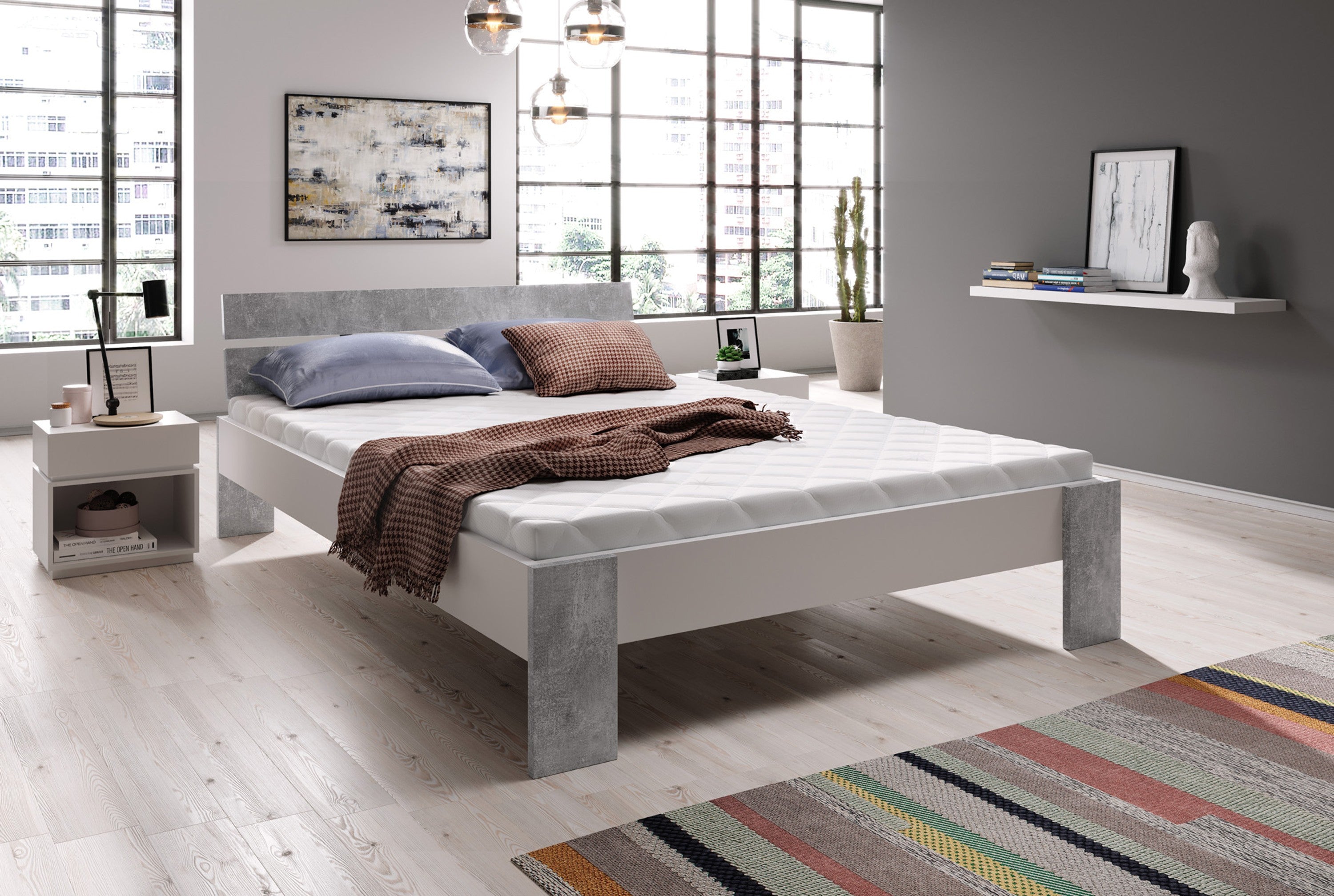 Futonbett Michelle 140x200 cm Kopfteil und Füsse Beton, Seiten weiss