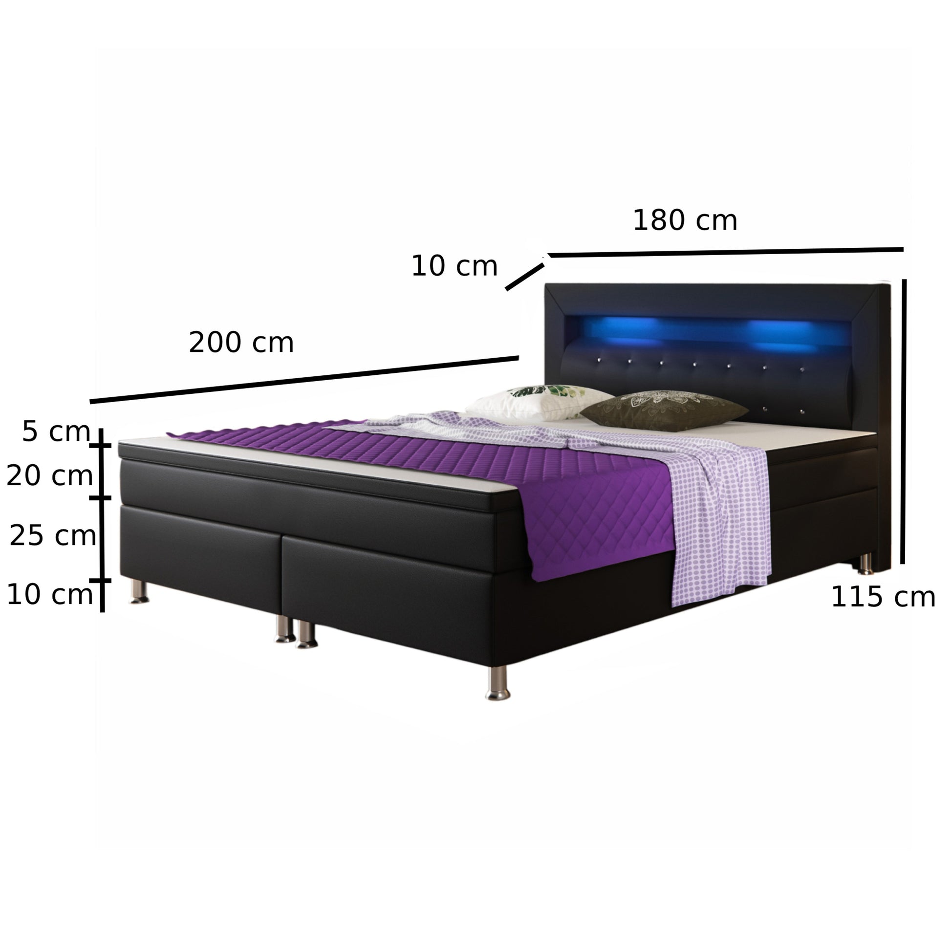 Boxspringbett Monaco 180x200 Schwarz – Kunstleder, PU-Topper & LED - Interbed
