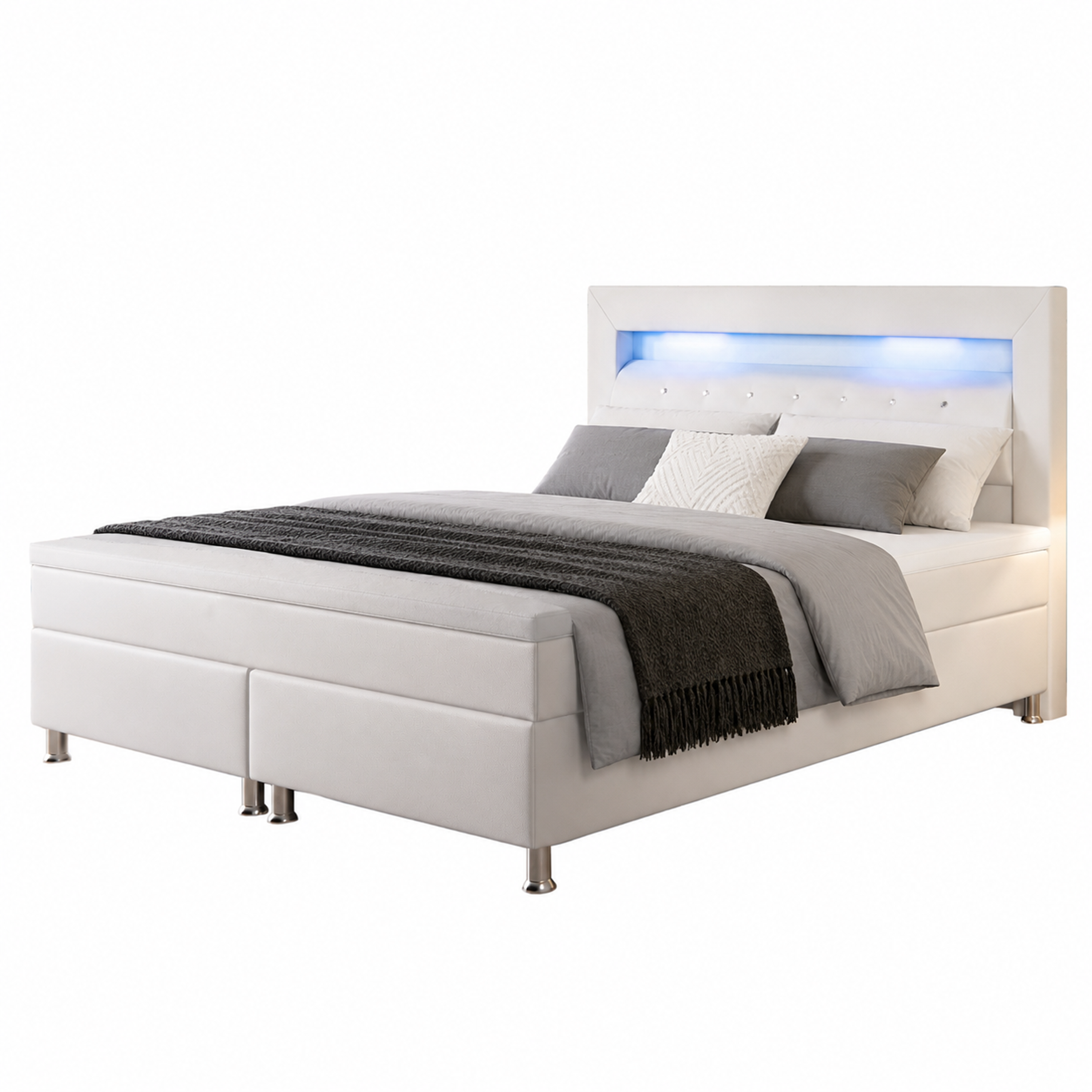 Boxspringbett Monaco 180x200 Weiß – Kunstleder, PU-Topper & LED