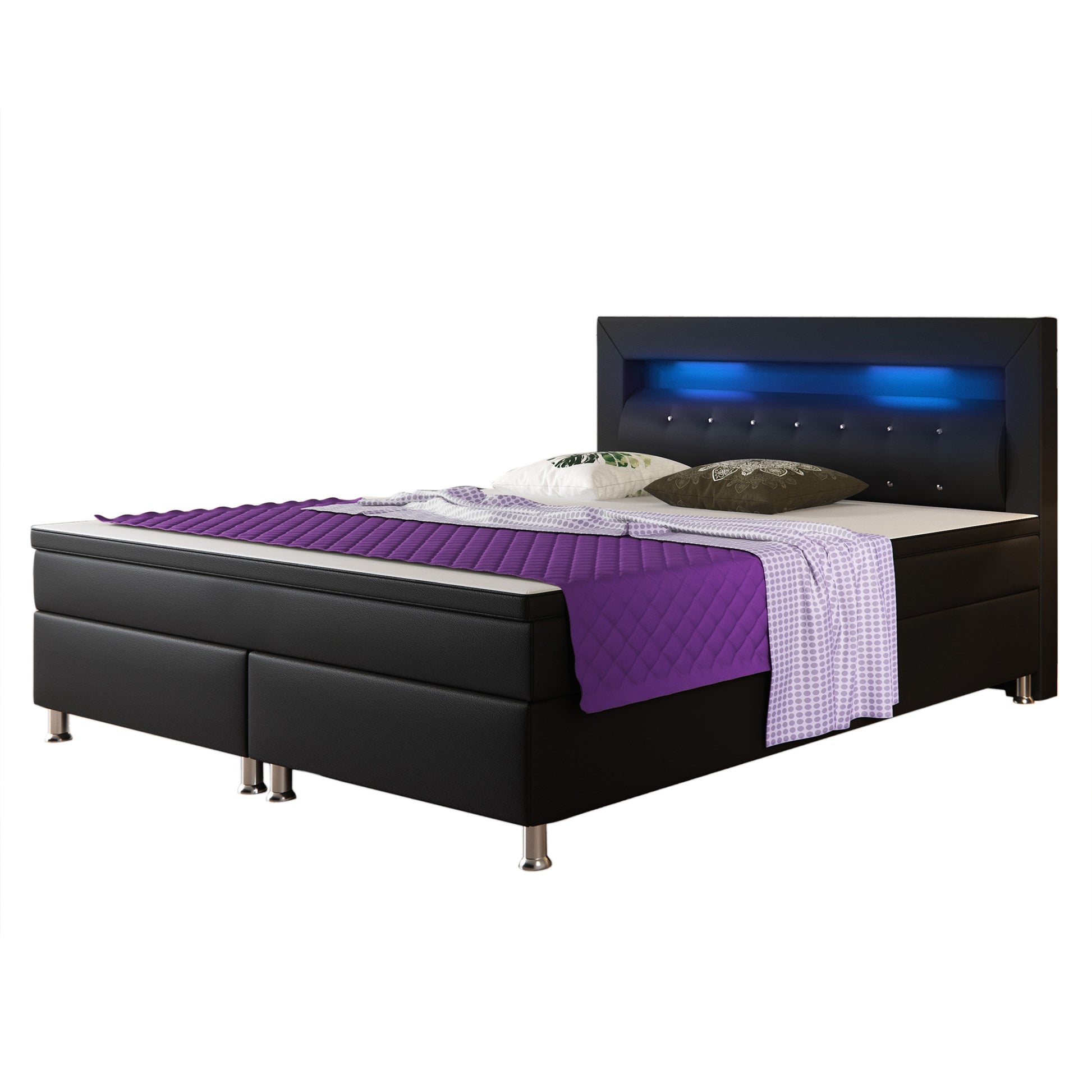 Boxspringbett Monaco 180x200 Schwarz – Kunstleder, PU-Topper & LED - Interbed