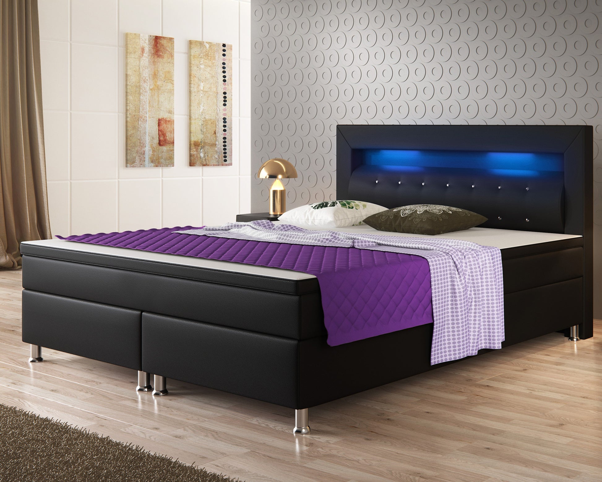 Boxspringbett Monaco 180x200 Schwarz – Kunstleder, PU-Topper & LED - Interbed