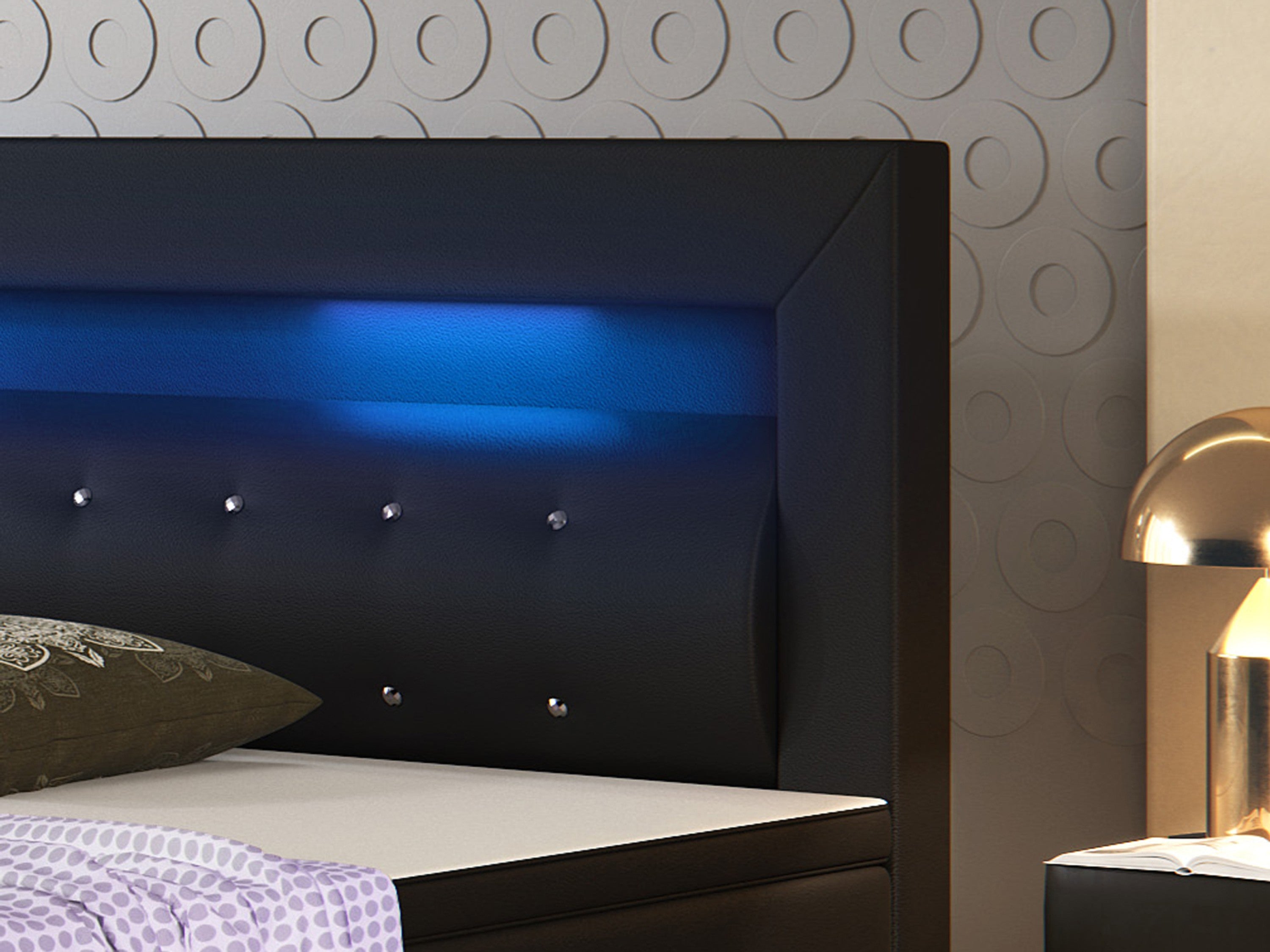 Boxspringbett Monaco 180x200 Schwarz – Kunstleder, PU-Topper & LED - Interbed