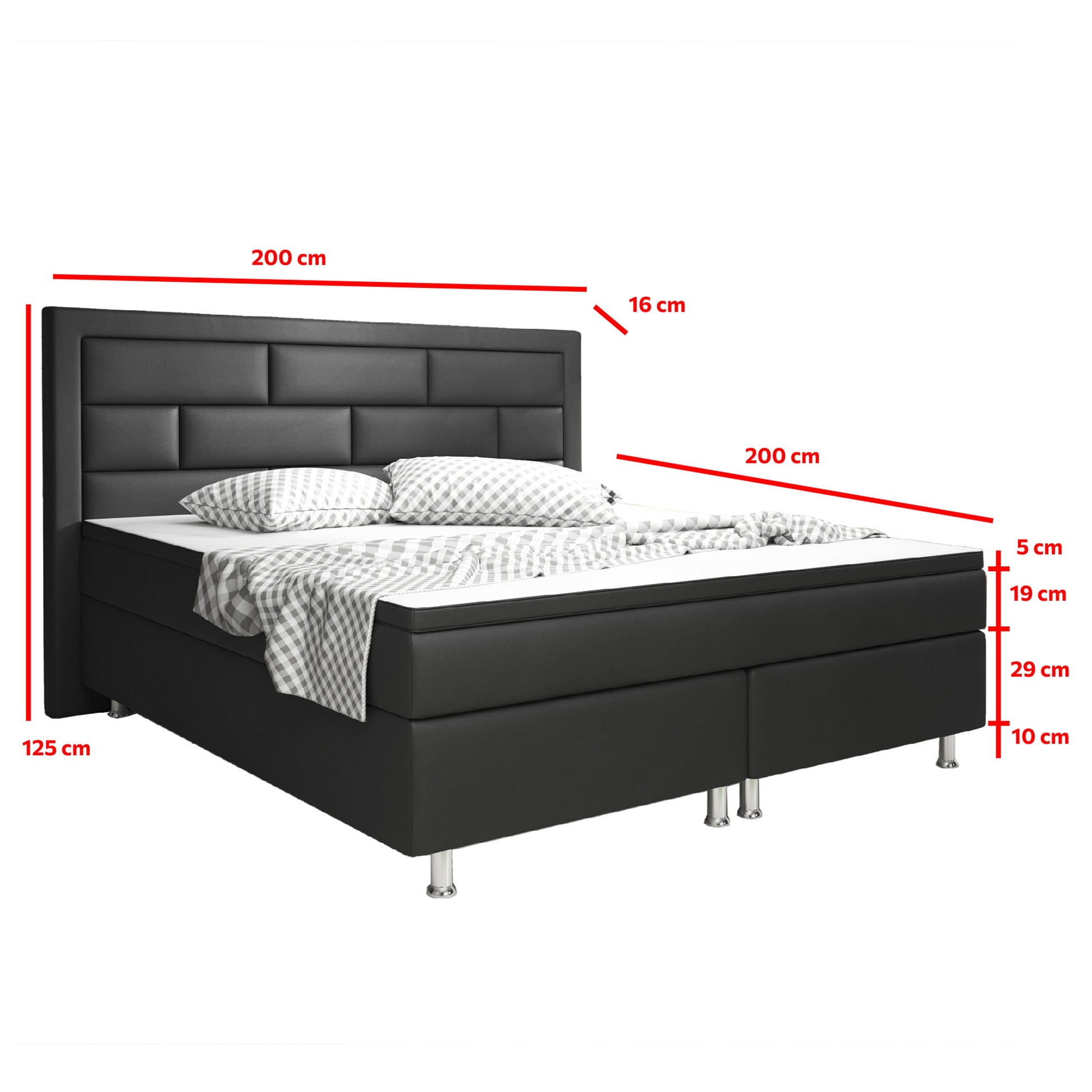 Boxspringbett Nizza 180x200 Kunstleder Schwarz – 7‑Zonen TFK & 6 cm Topper - Interbed