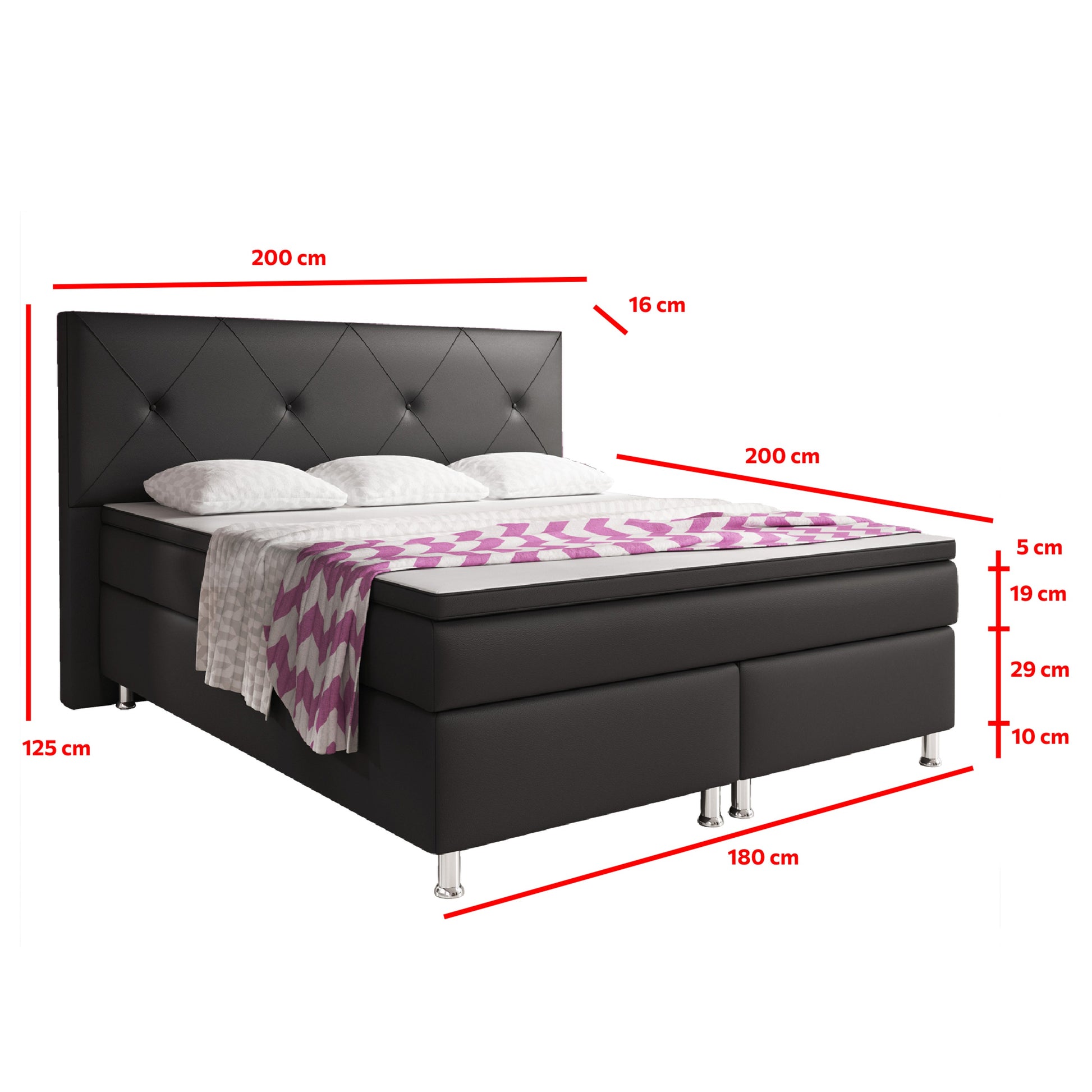 Boxspringbett Oxford 180x200 cm Kunstleder Schwarz – 7‑Zonen & 6 cm Topper - Interbed