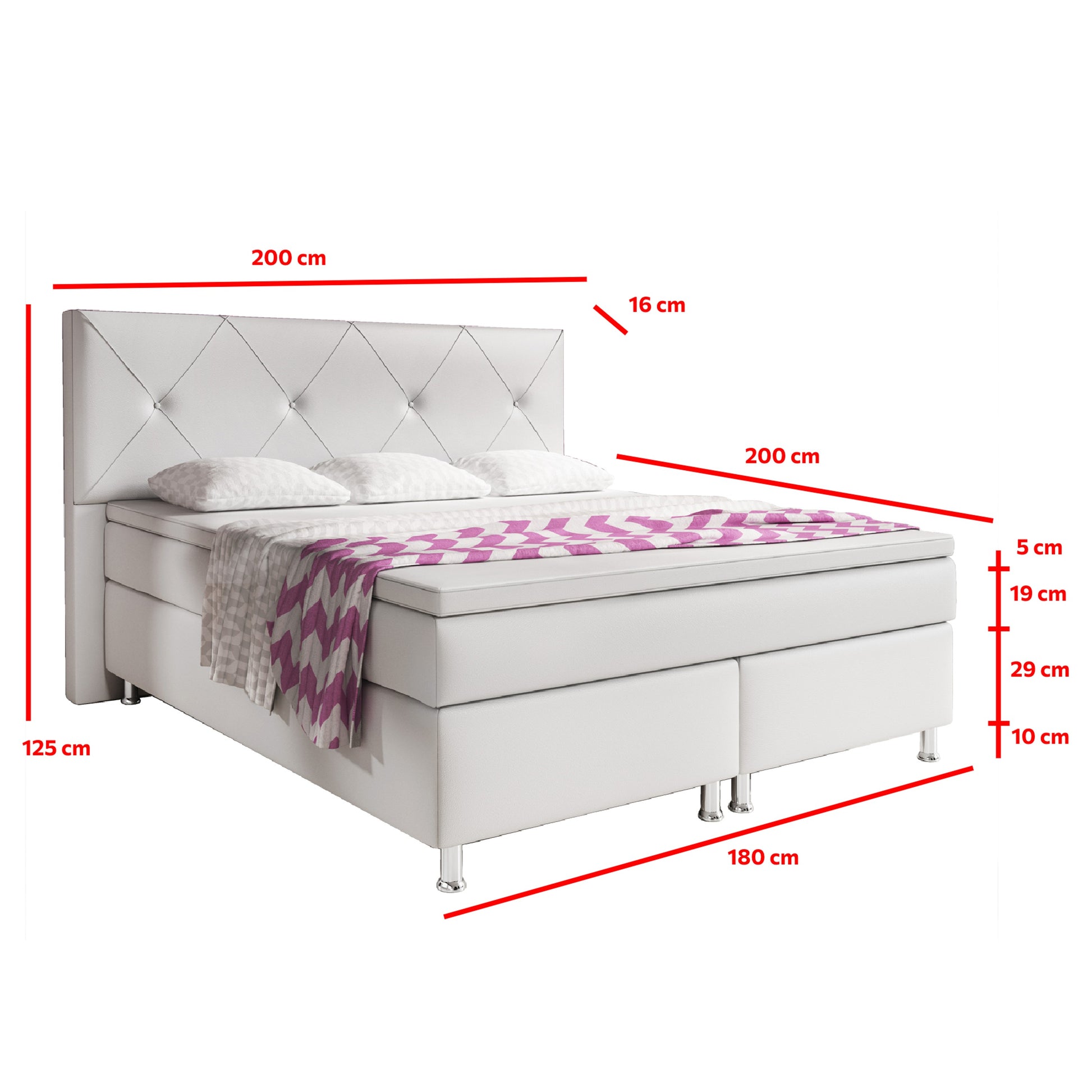 Boxspringbett Oxford 180x200 cm Weiß – Kunstleder, 7‑Zonen TFK & Topper - Interbed