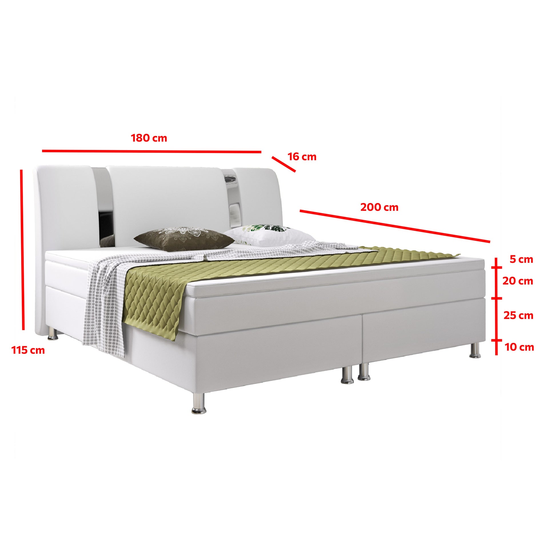 Boxspringbett Riva 180x200 Weiß – Kunstleder, Bonell-Federkern & Topper - Interbed