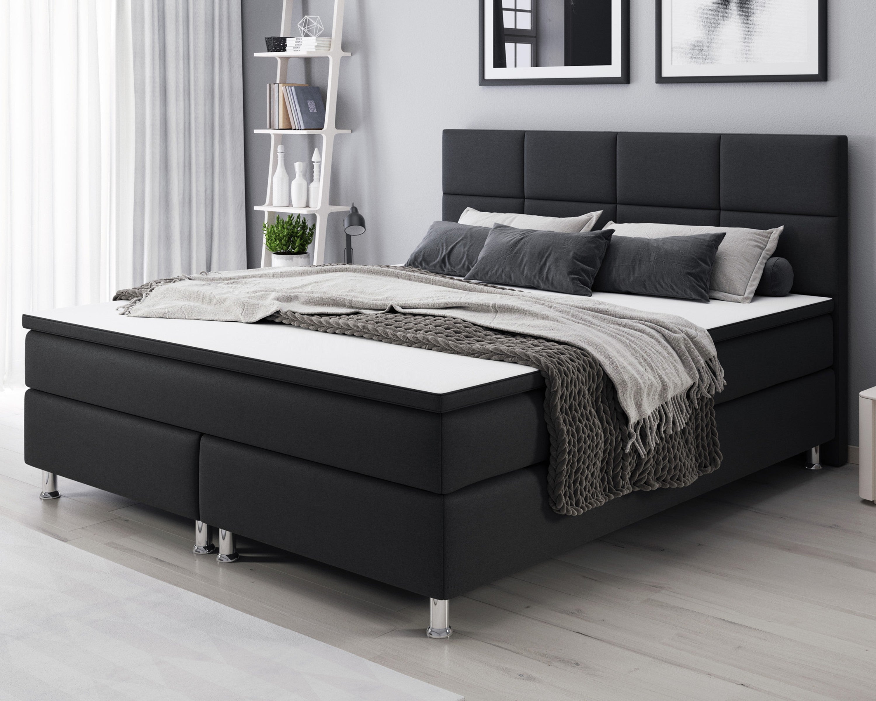 Boxspringbett R002 180x200 cm – Webstoff Schwarz mit PU-Topper - Interbed