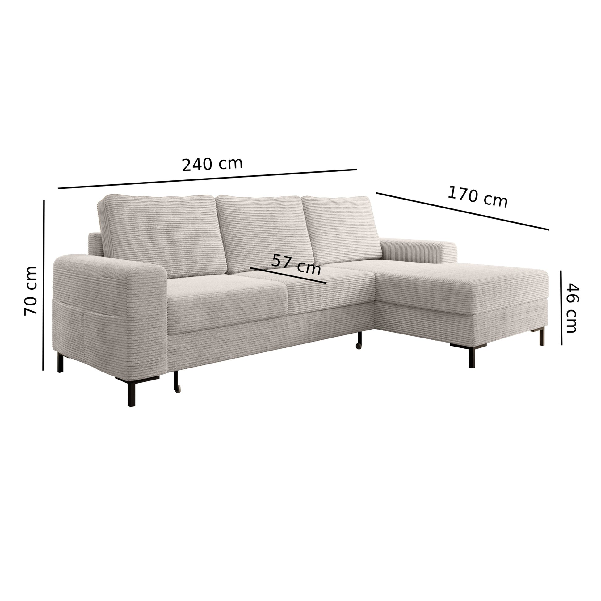 Ecksofa OSAKA Cord Anthrazit mit Bettfunktion und Bettkasten Ottomane rechts - Interbed