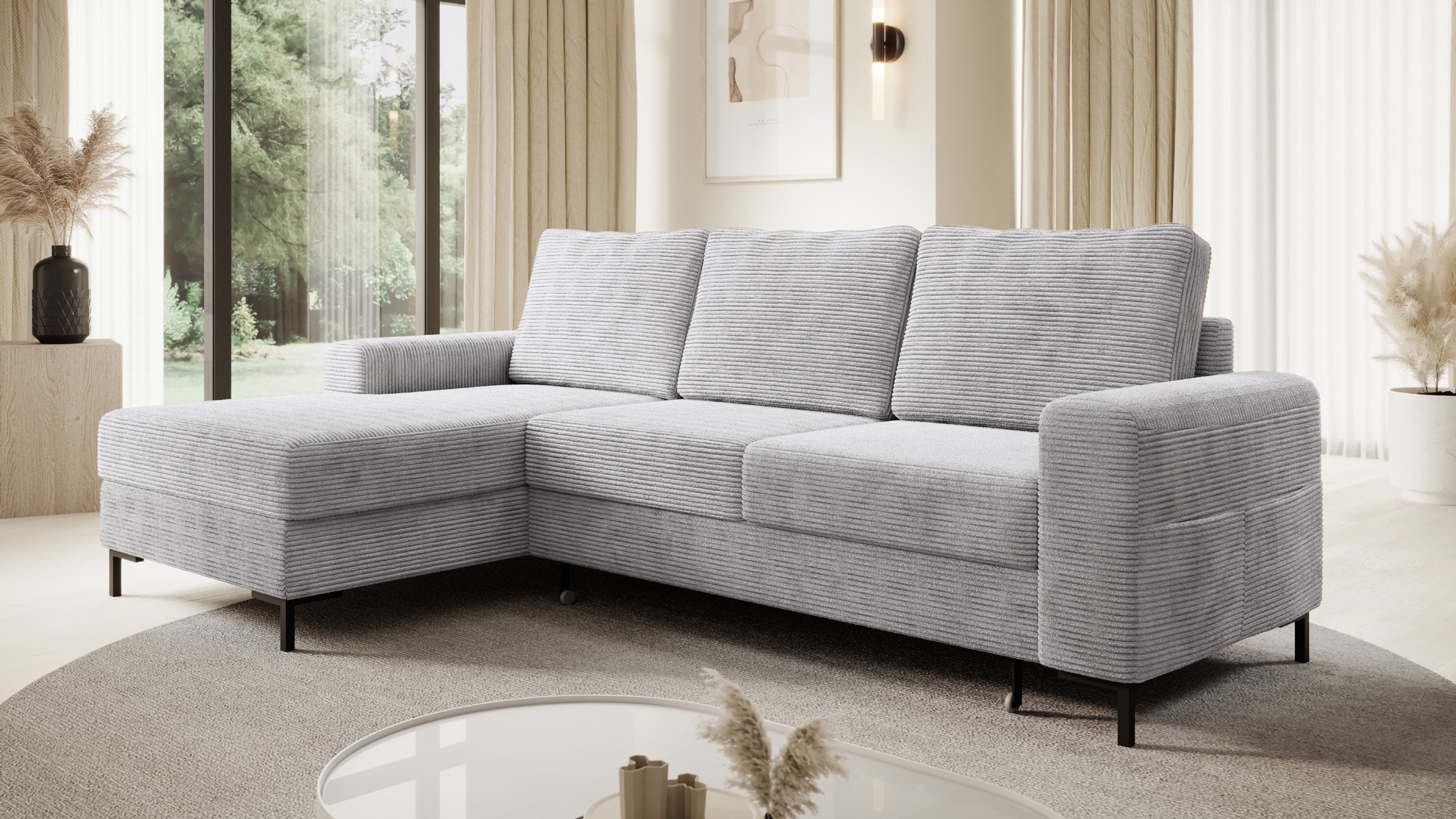 Ecksofa OSAKA Cord Grau mit Bettfunktion und Bettkasten Ottomane links - Interbed