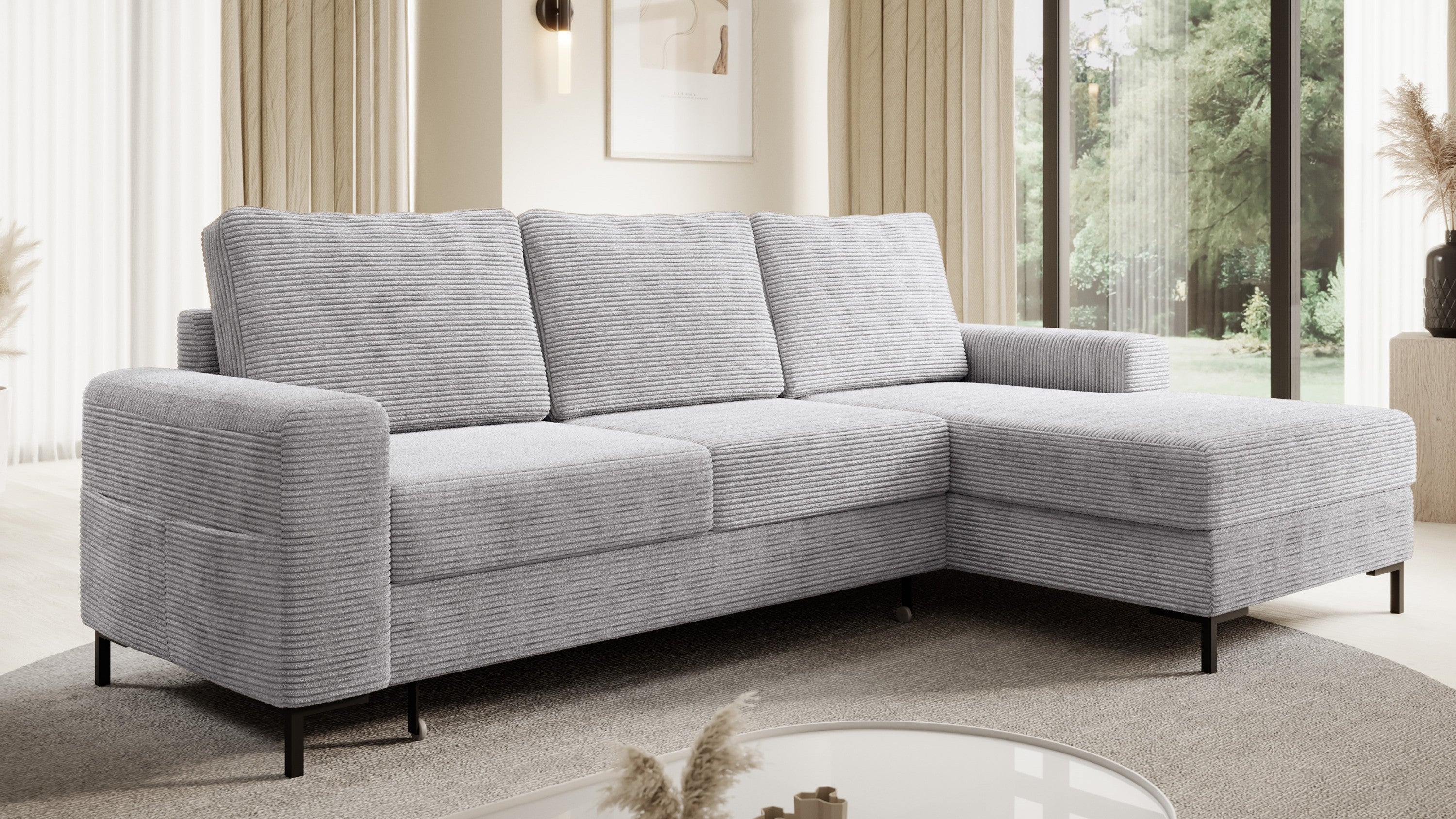 Ecksofa OSAKA Cord Grau mit Bettfunktion und Bettkasten Ottomane rechts - Interbed