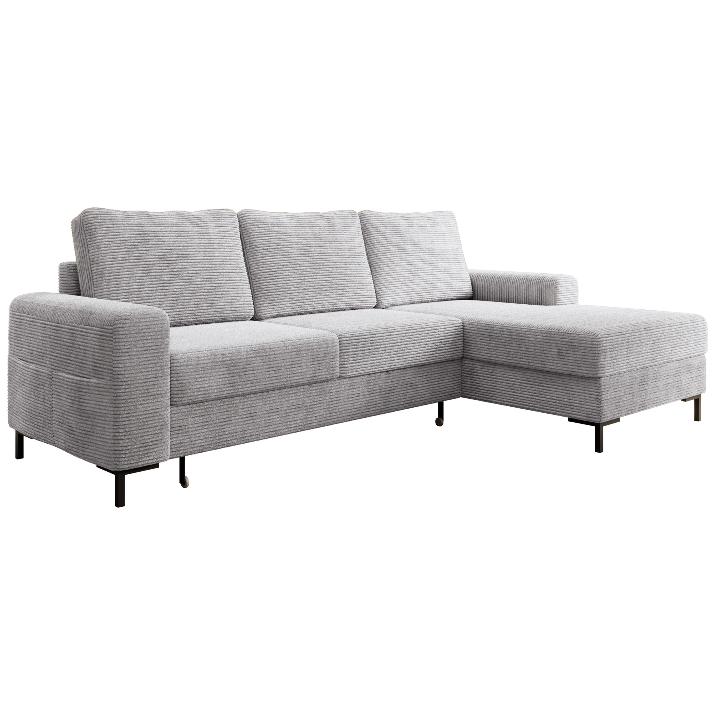 Ecksofa OSAKA Cord Grau mit Bettfunktion und Bettkasten Ottomane rechts - Interbed