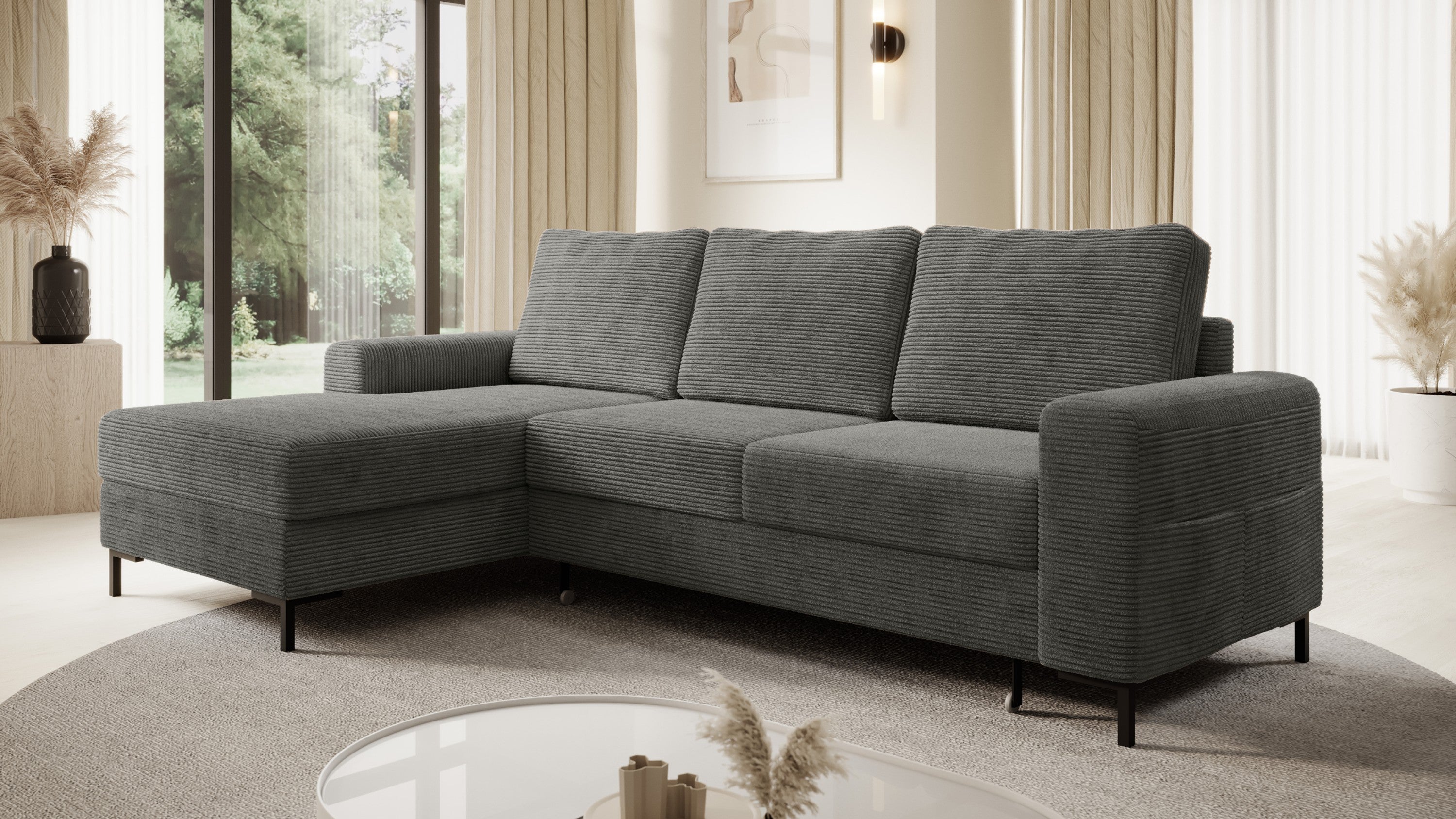 Ecksofa OSAKA Cord Anthrazit Grau mit Bettfunktion und Bettkasten Ottomane links - Interbed