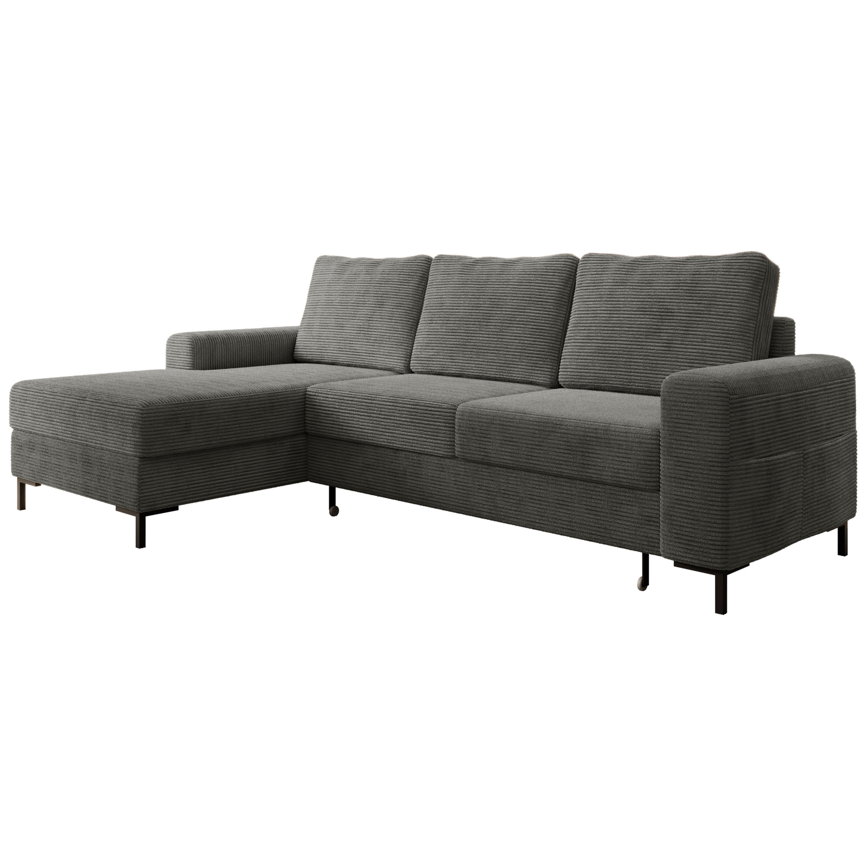 Ecksofa OSAKA Cord Anthrazit Grau mit Bettfunktion und Bettkasten Ottomane links - Interbed