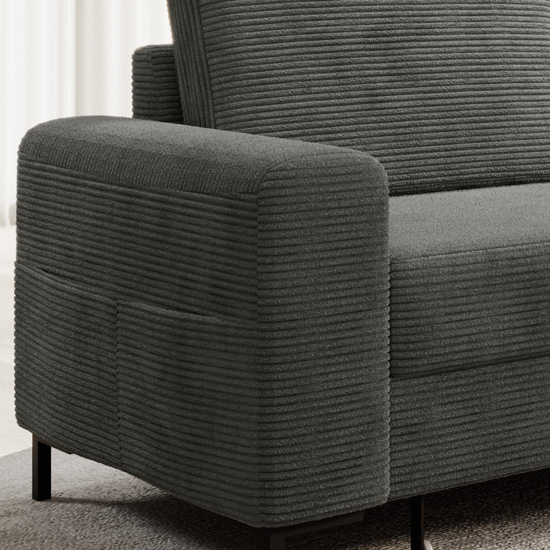 Ecksofa OSAKA Cord Anthrazit mit Bettfunktion und Bettkasten Ottomane rechts - Interbed