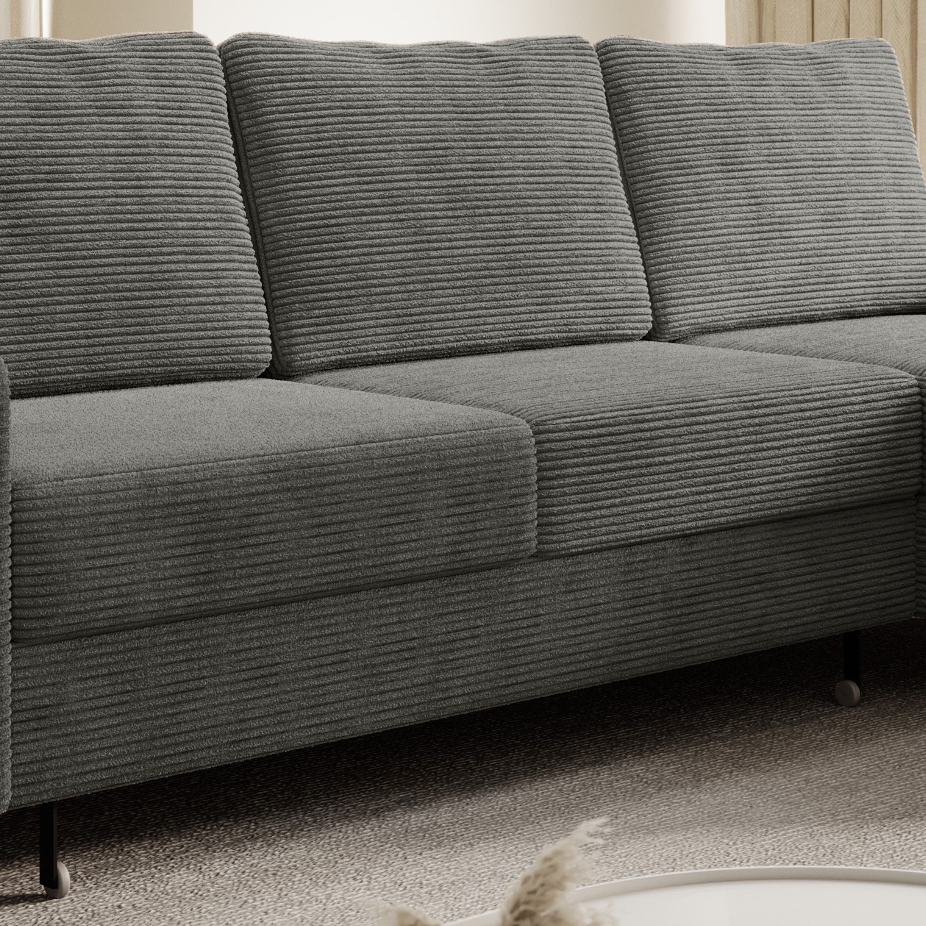 Ecksofa OSAKA Cord Anthrazit mit Bettfunktion und Bettkasten Ottomane rechts - Interbed