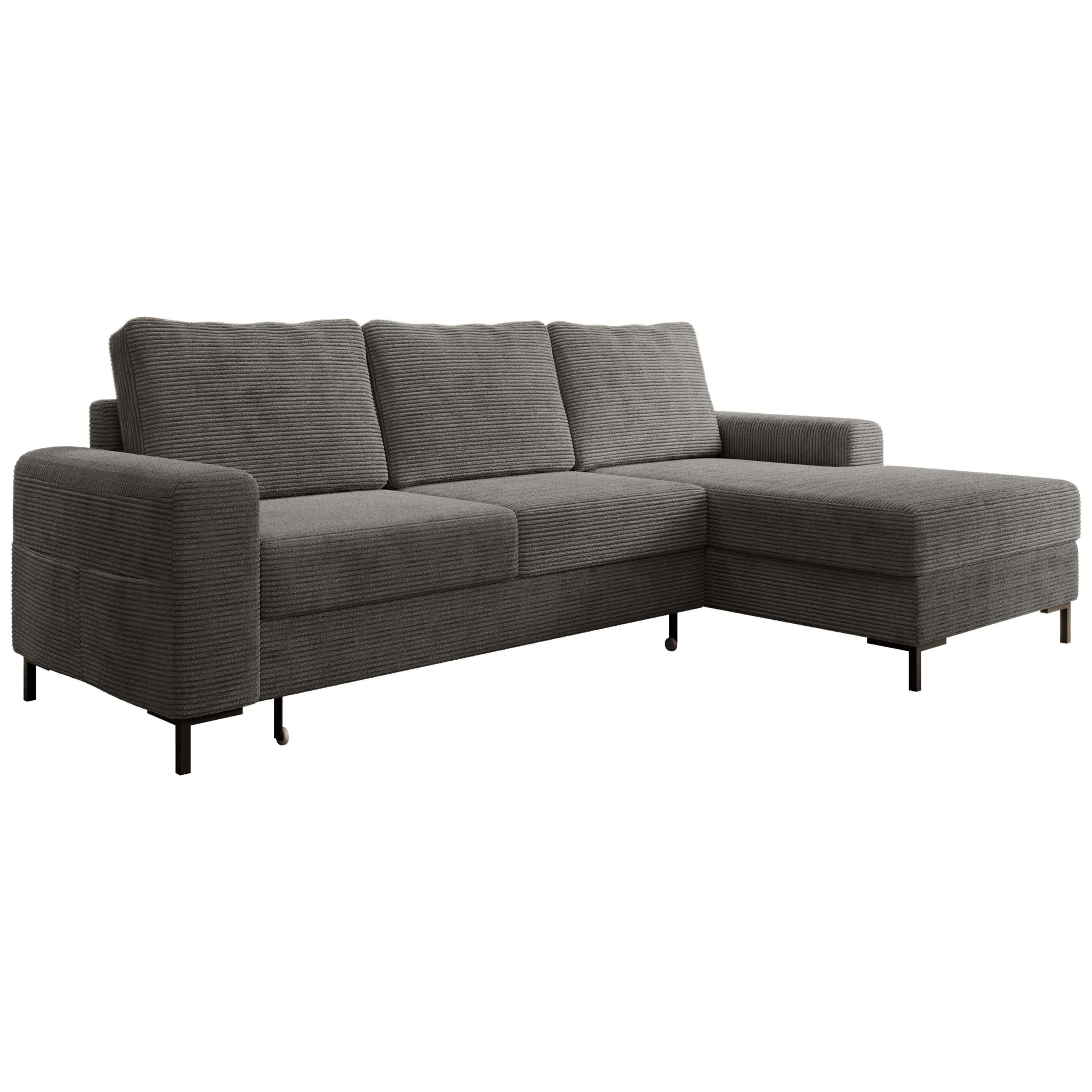Ecksofa OSAKA Cord Anthrazit mit Bettfunktion und Bettkasten Ottomane rechts - Interbed