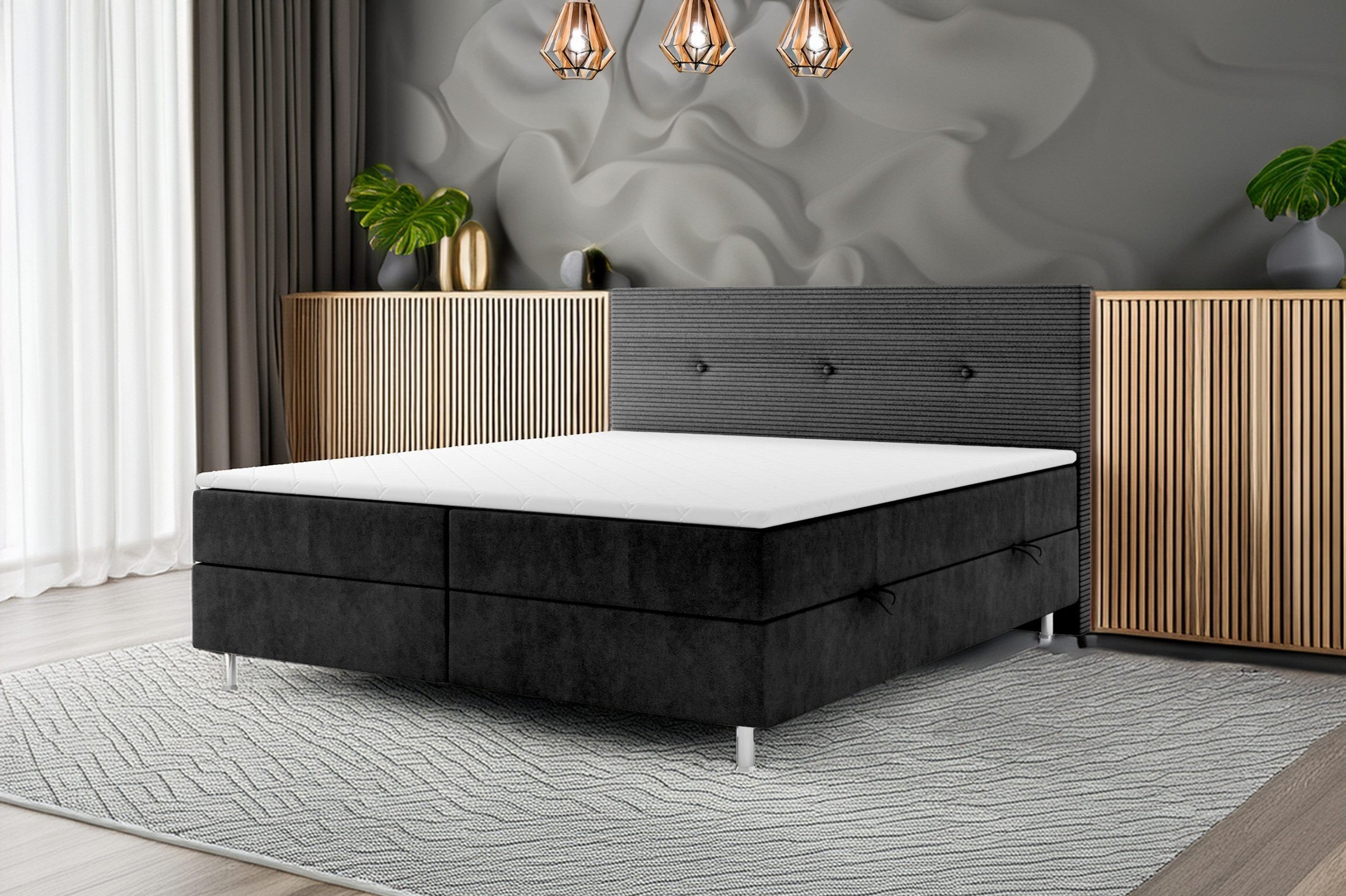 Boxspringbett SALVADOR mit Bettkasten 180 x 200 cm Webstoff Schwarz Bett Bettkasten Topper - Interbed
