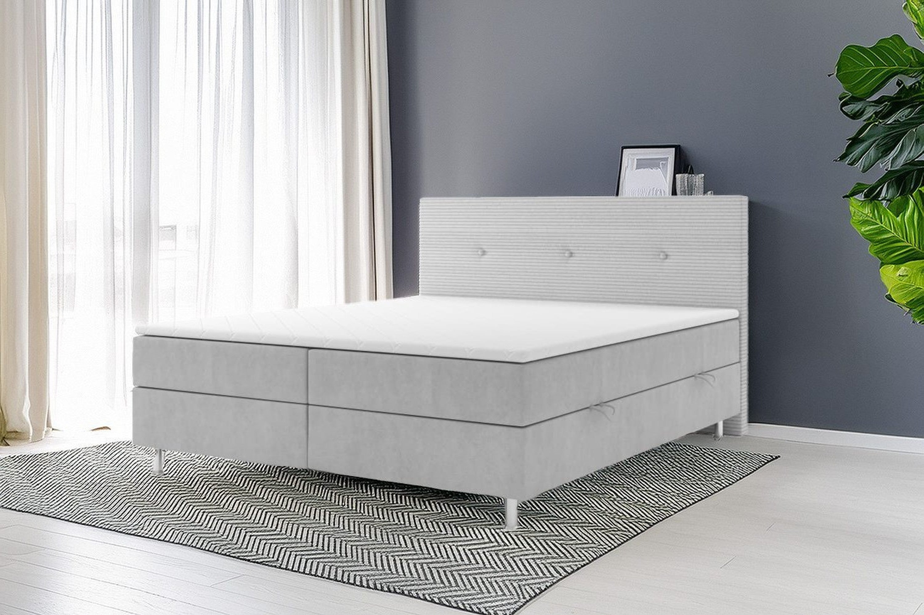 Boxspringbett SALVADOR mit Bettkasten 180 x 200 cm Webstoff Grau Bett Bettkasten Topper - Interbed