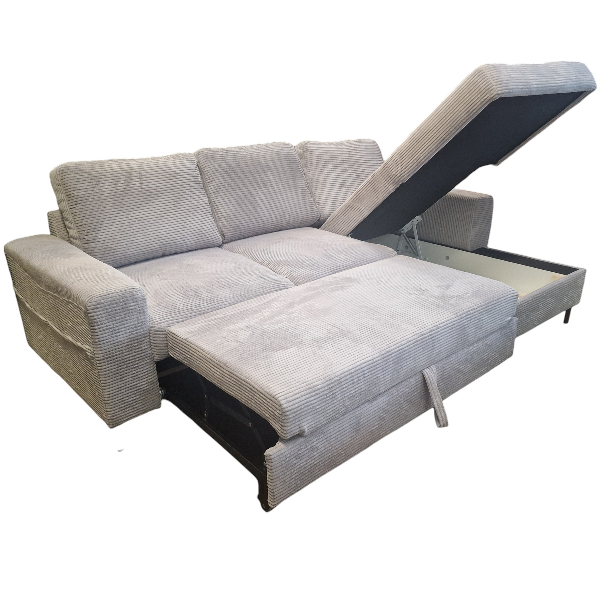 Ecksofa OSAKA Cord Anthrazit mit Bettfunktion und Bettkasten Ottomane rechts - Interbed
