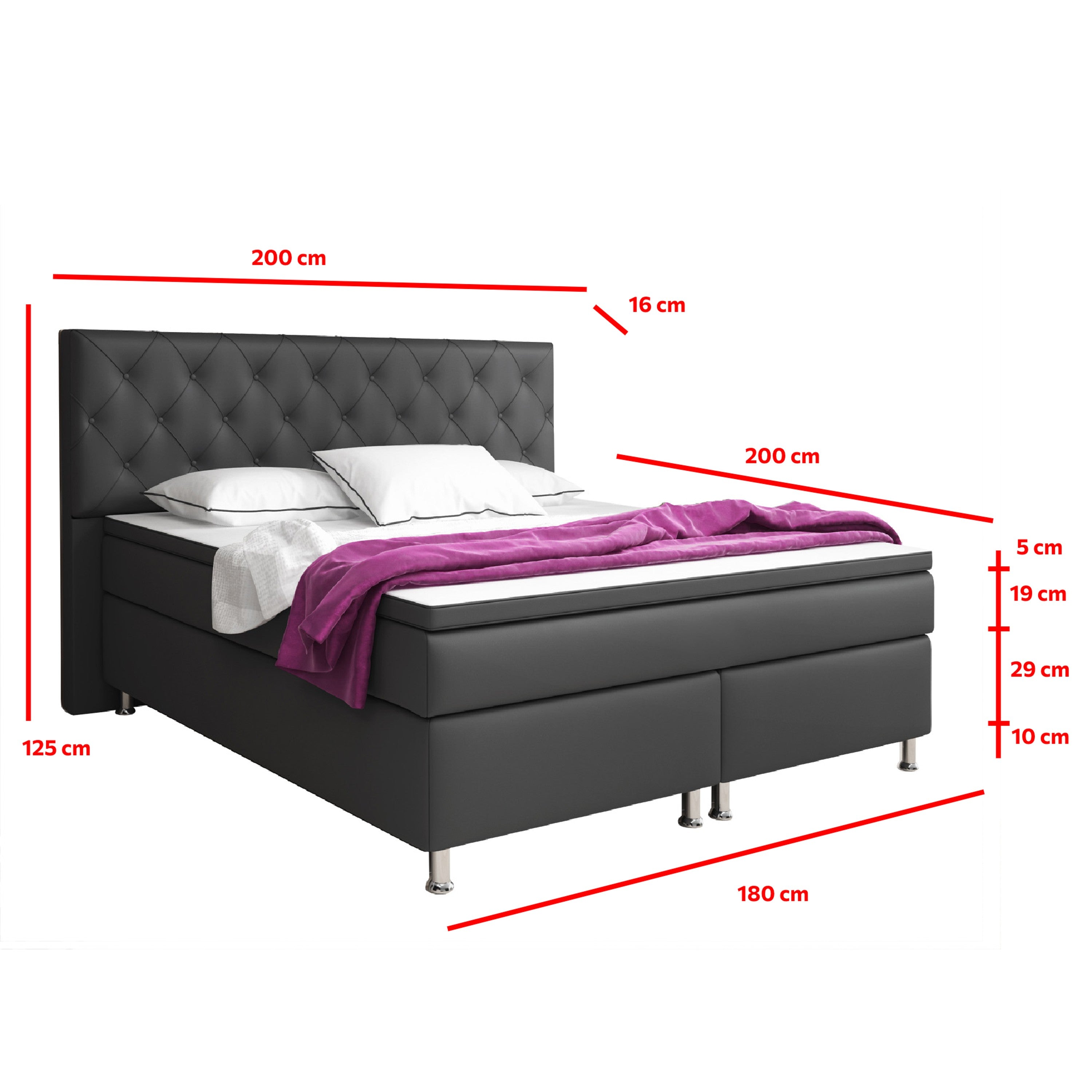 Boxspringbett Turin 180×200 Anthrazit – Kunstleder, 7‑Zonen TFK & Topper - Interbed