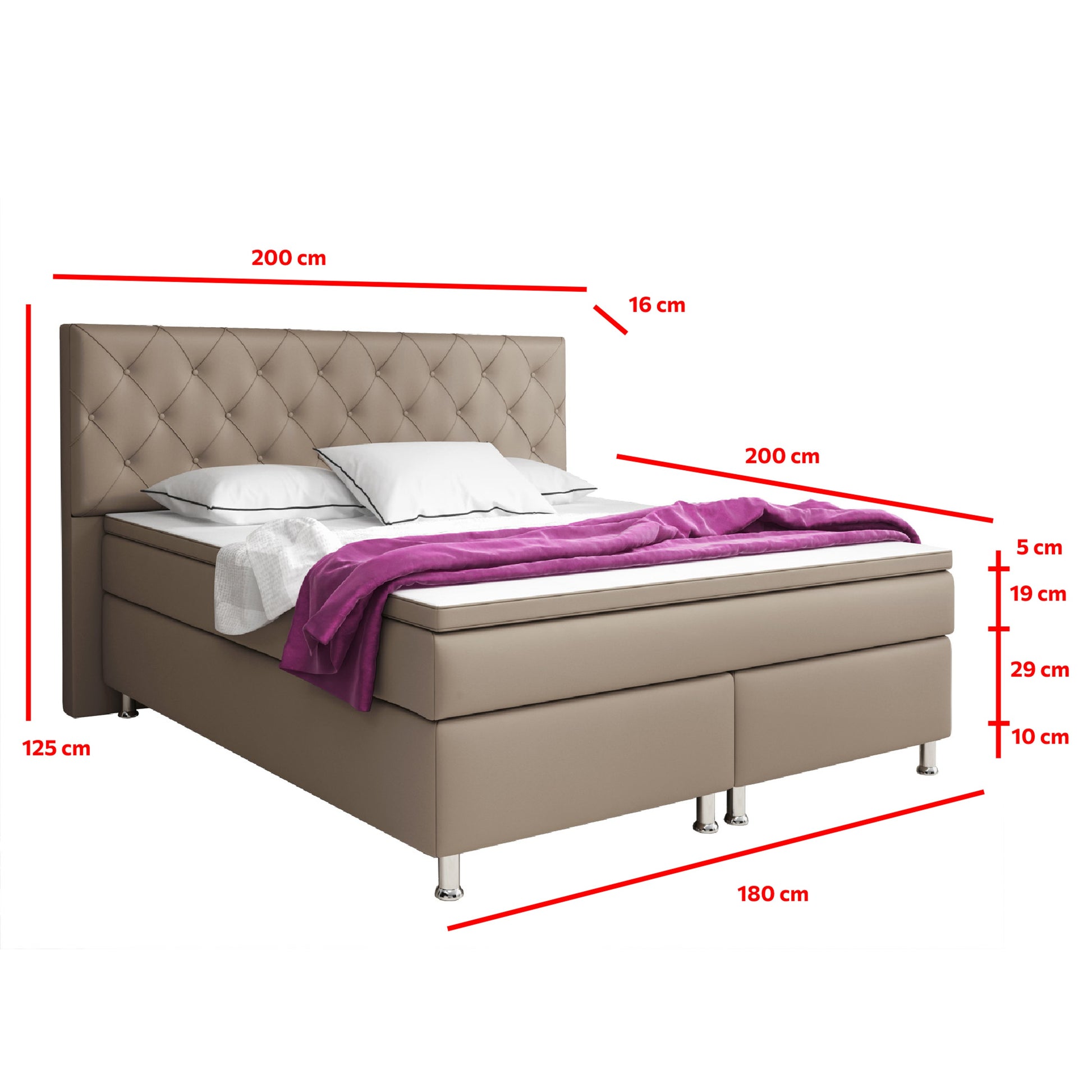 Boxspringbett Turin 180x200 Muddy – Kunstleder, 7‑Zonen & Topper - Interbed