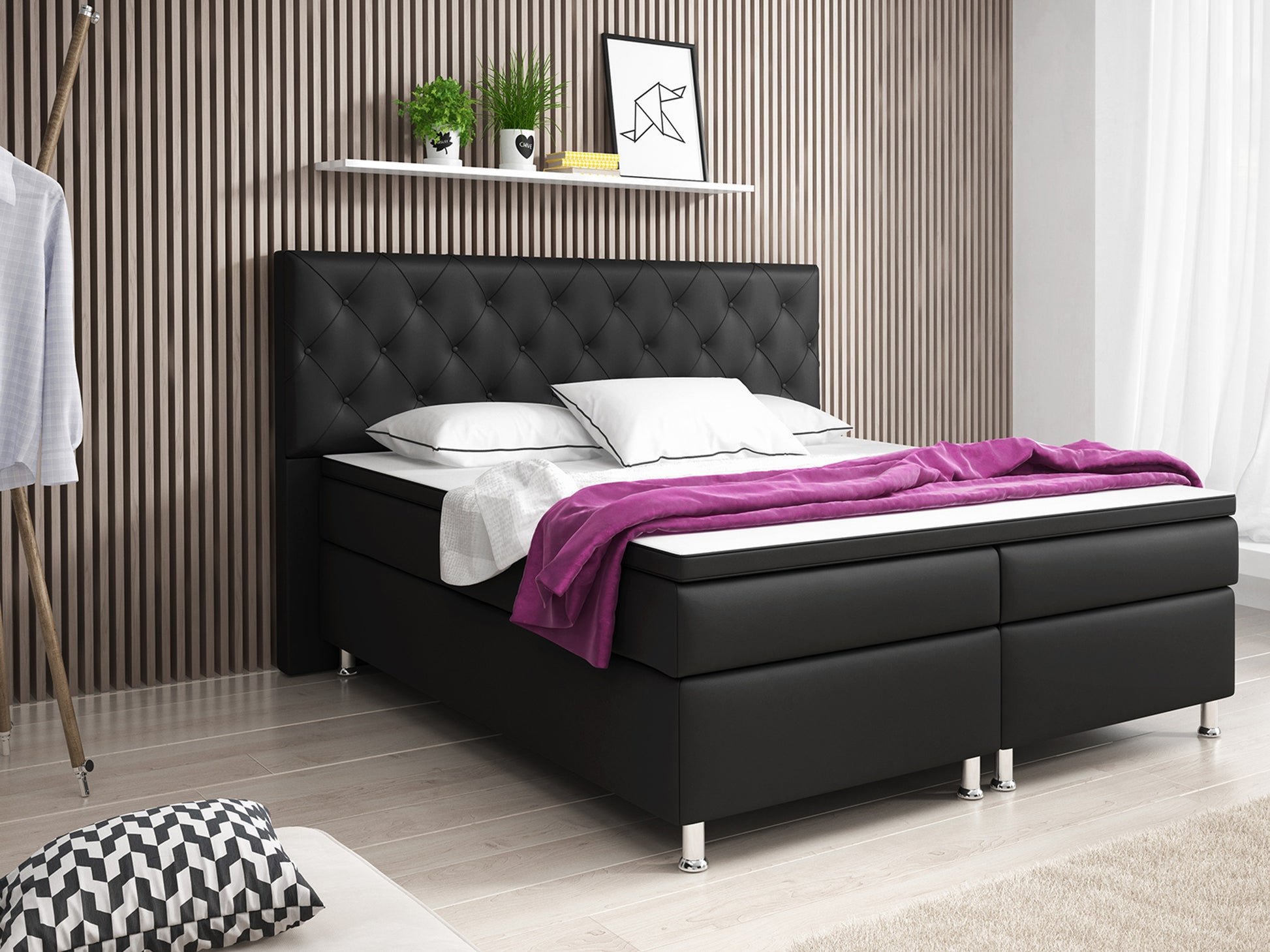 Boxspringbett Turin 180x200 Kunstleder Schwarz – 2×7-Zonen TFK & 6 cm Topper - Interbed
