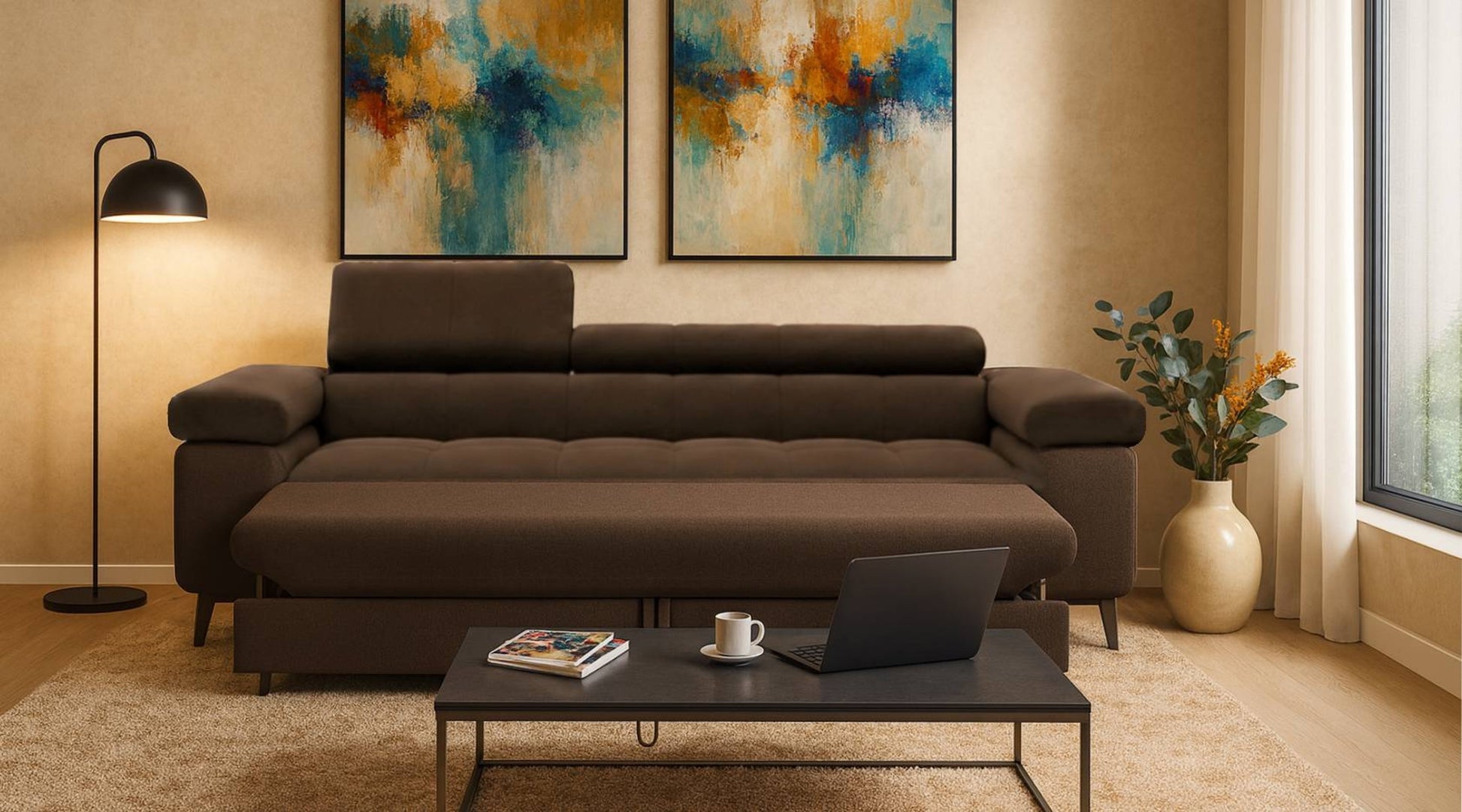 Exklusives Sofa-Set Utah Braun Samt | 3-Sitzer mit Bettfunktion, 2-Sitzer & Sessel | Verstellbare Kopfstützen - Interbed
