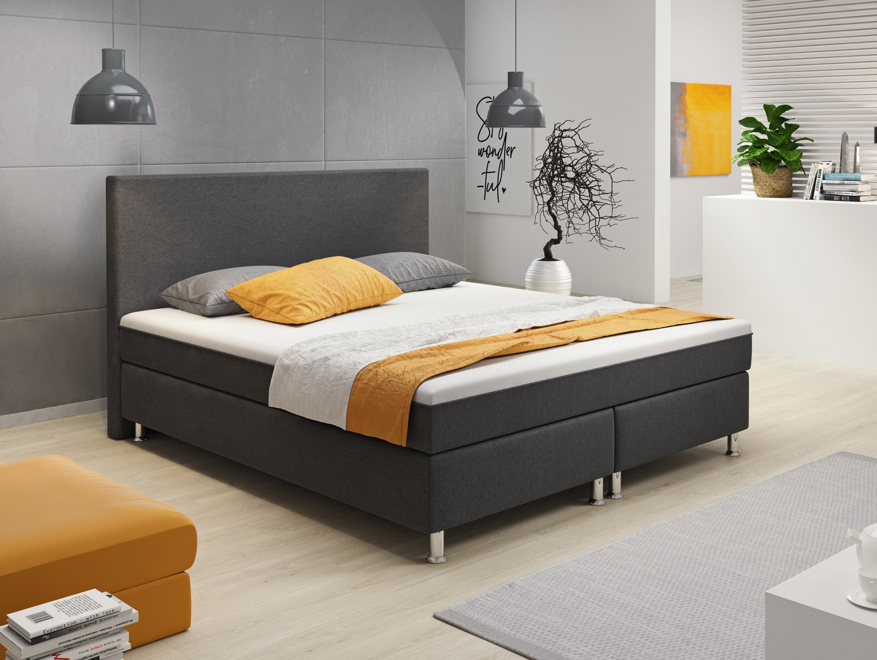 Boxspringbett Berlin 180x200 cm Webstoff Anthrazit mit intergriertem Topper - Interbed