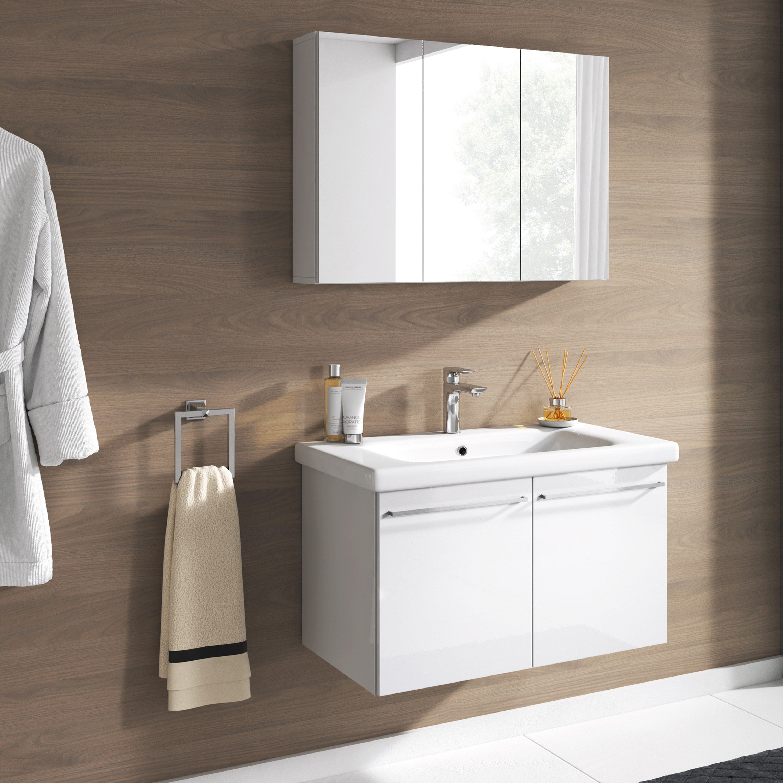 Badmöbel Set Corsica 2-tlg. Hochglanz Weiß – Spiegelschrank & Waschbecken 80 cm