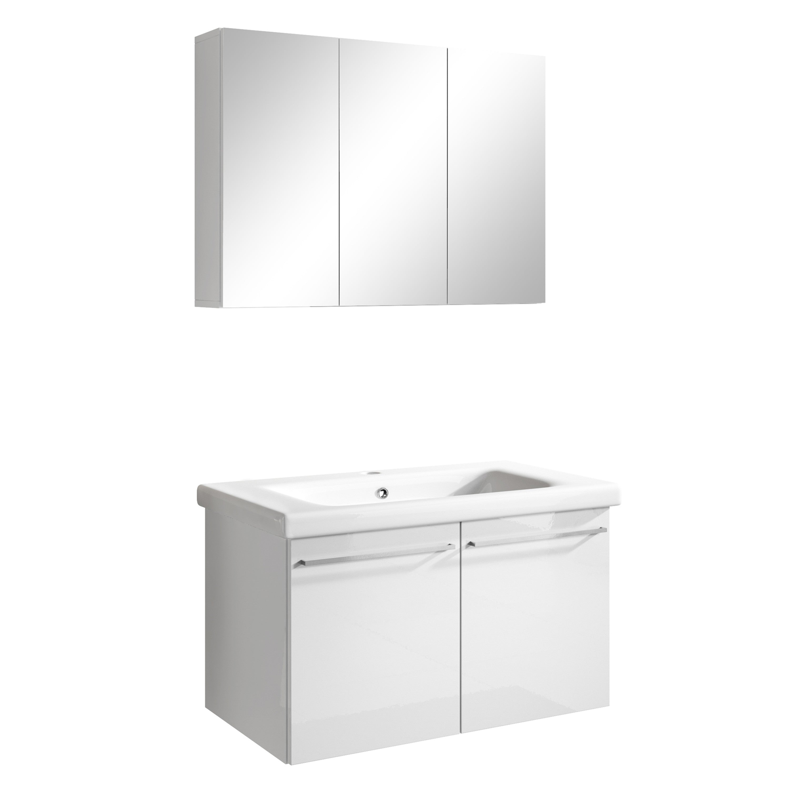 Badmöbel Set Corsica 2-tlg. Hochglanz Weiß – Spiegelschrank & Waschbecken 80 cm