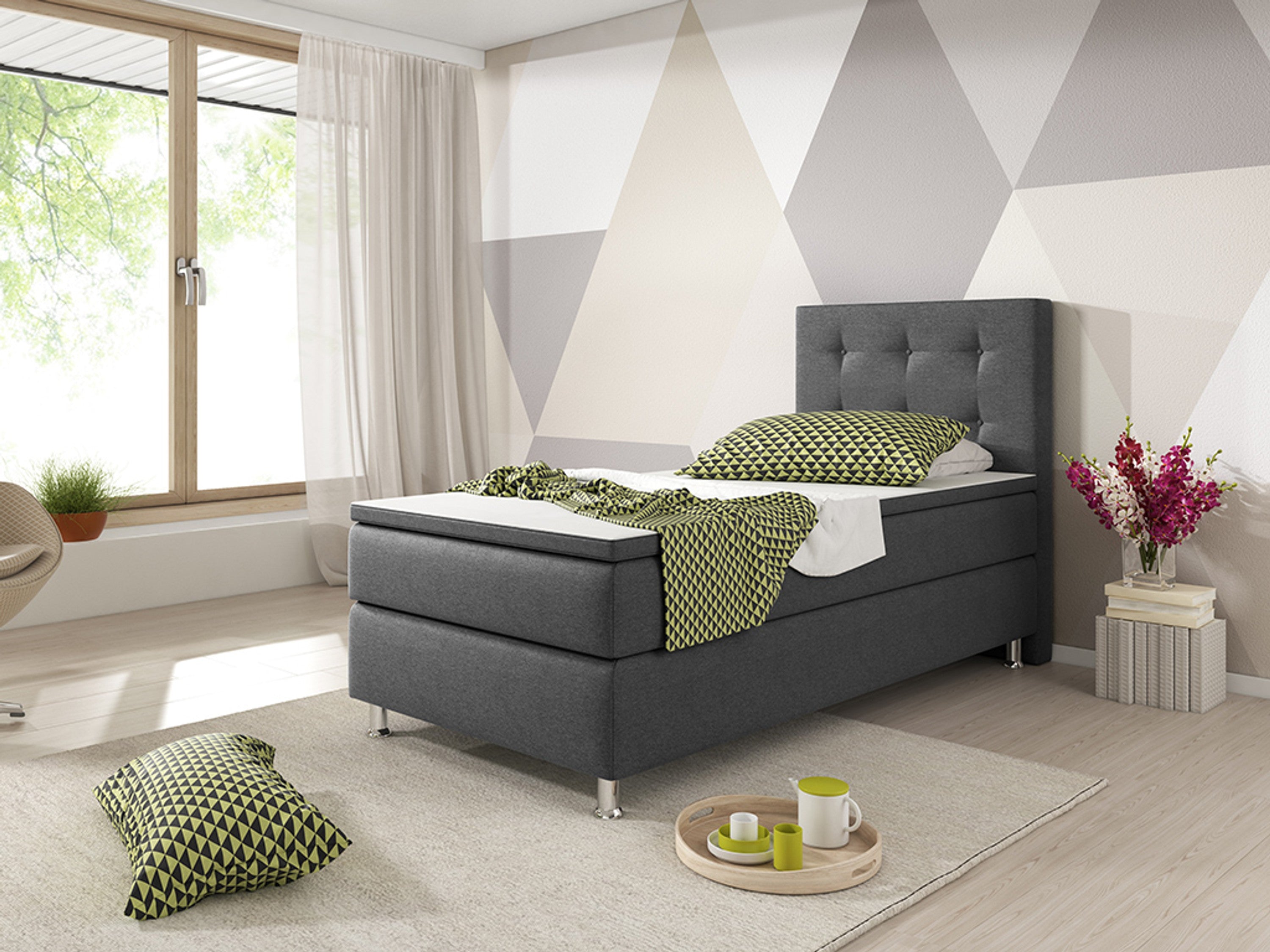 Boxspringbett KN006 90x200 cm – Webstoff Anthrazit mit PU-Topper - Interbed