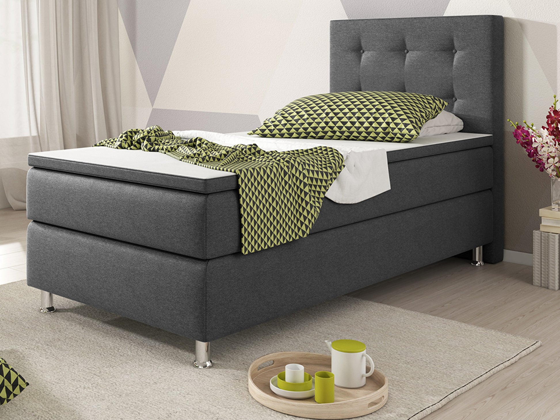 Boxspringbett KN006 90x200 cm – Webstoff Anthrazit mit PU-Topper - Interbed