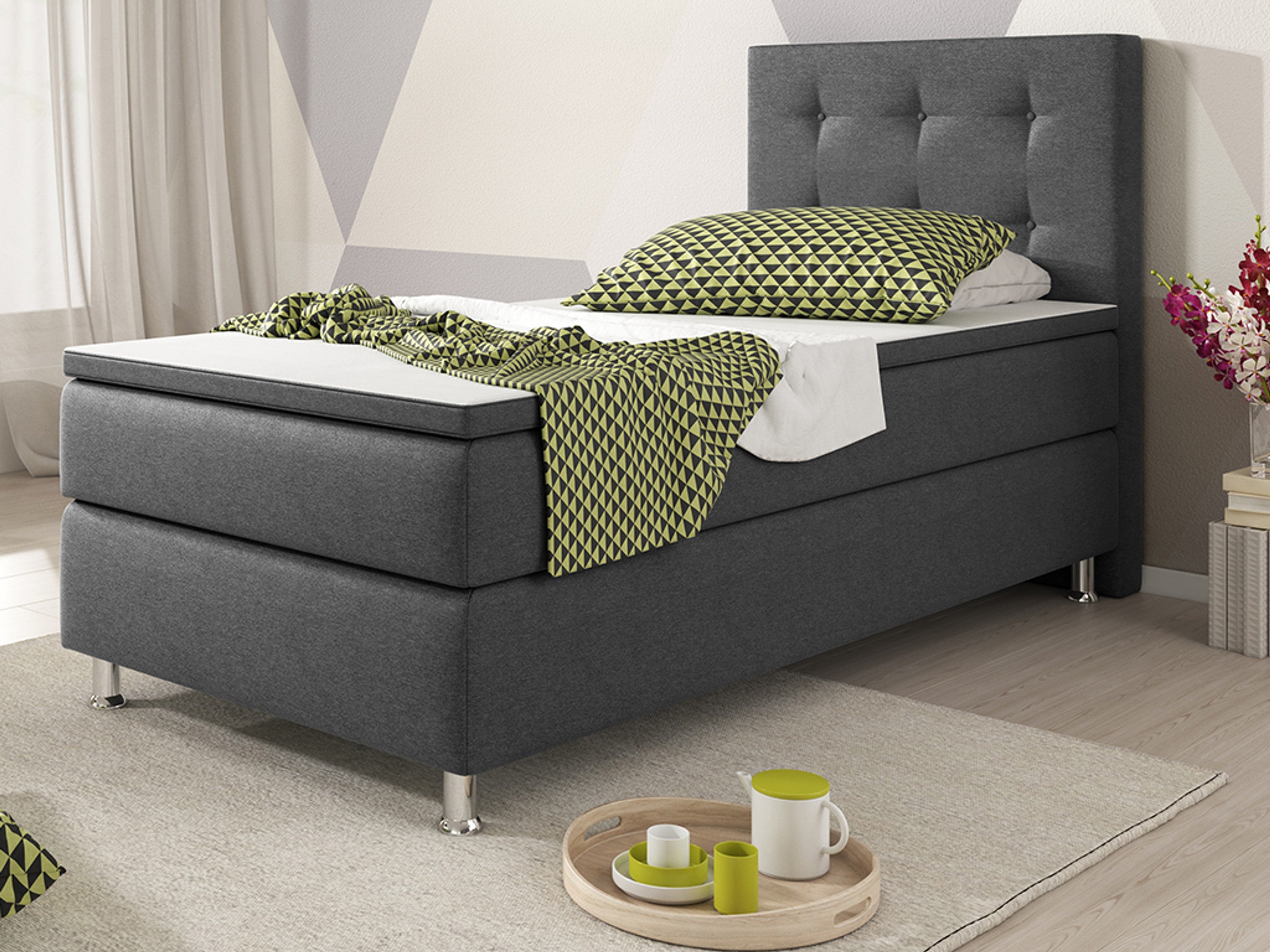 Boxspringbett KN006 90x200 cm – Webstoff Anthrazit mit PU-Topper - Interbed